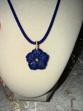 Adina Eden Blue lapis crystal stone Flower Pendant on blue rope Necklace